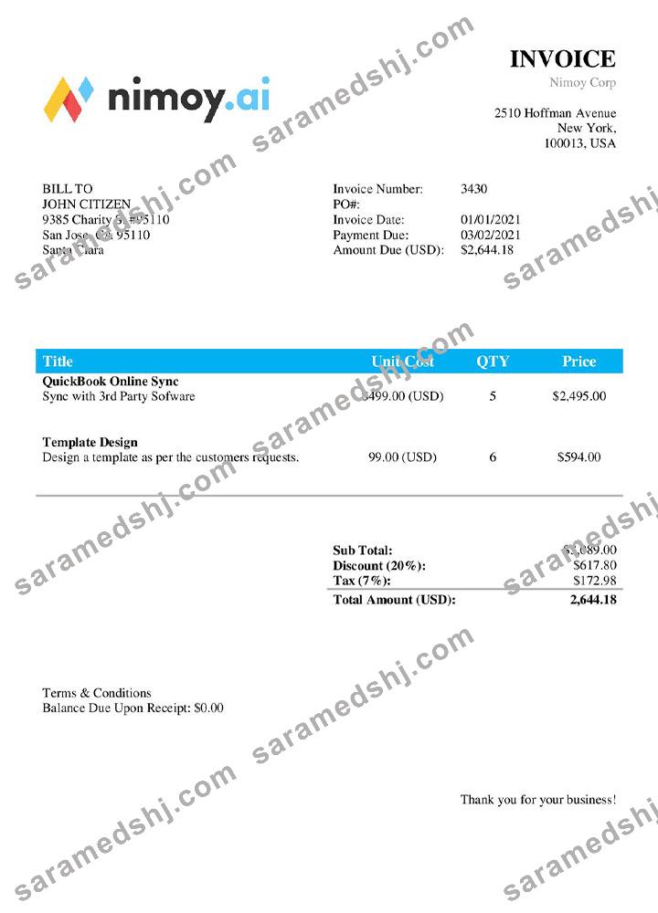 USA Nimoy Corp invoice template